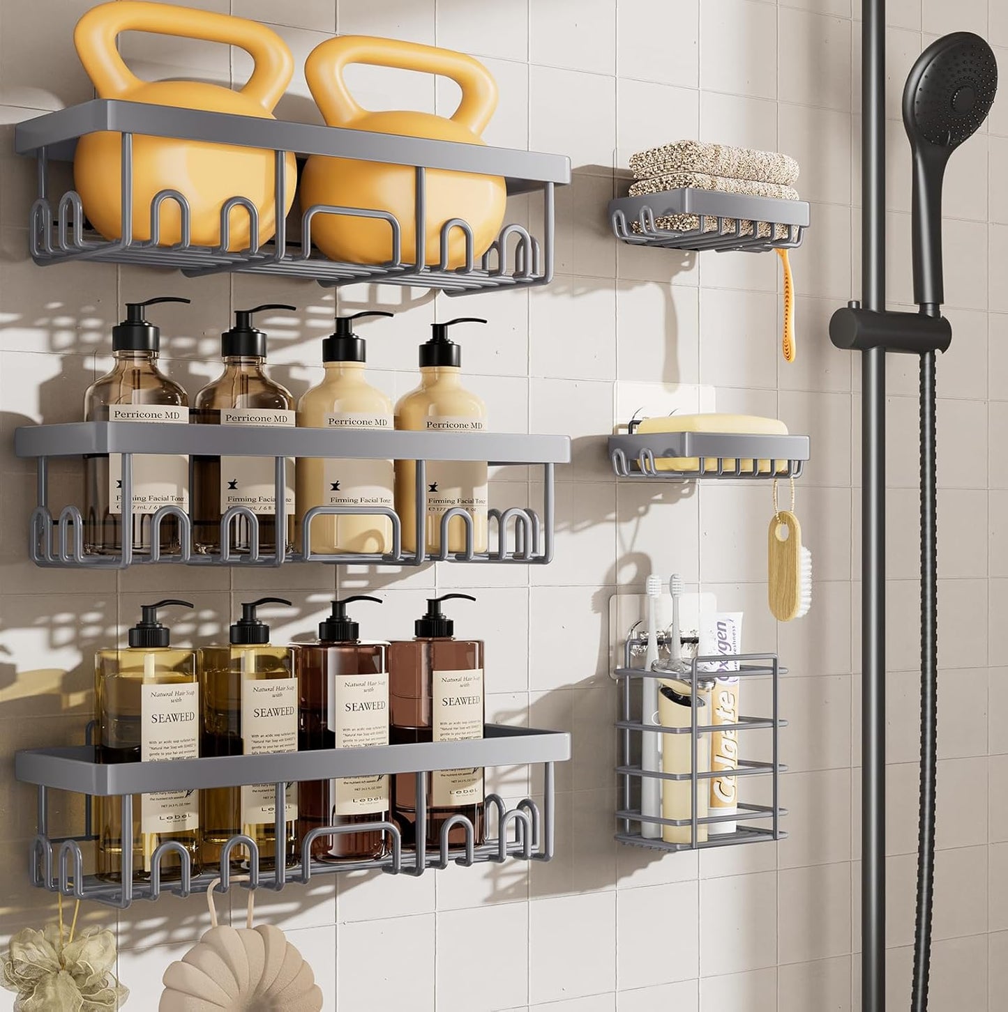 Veken Shower Caddy 6-Pack, Advanced Rustproof Design, No Drilling Adhesive Shelves, Rack with Soap Holder, Large Capacity Bathroom Organizers and Storage, Wall-Mounted, Gifts for Women Mom