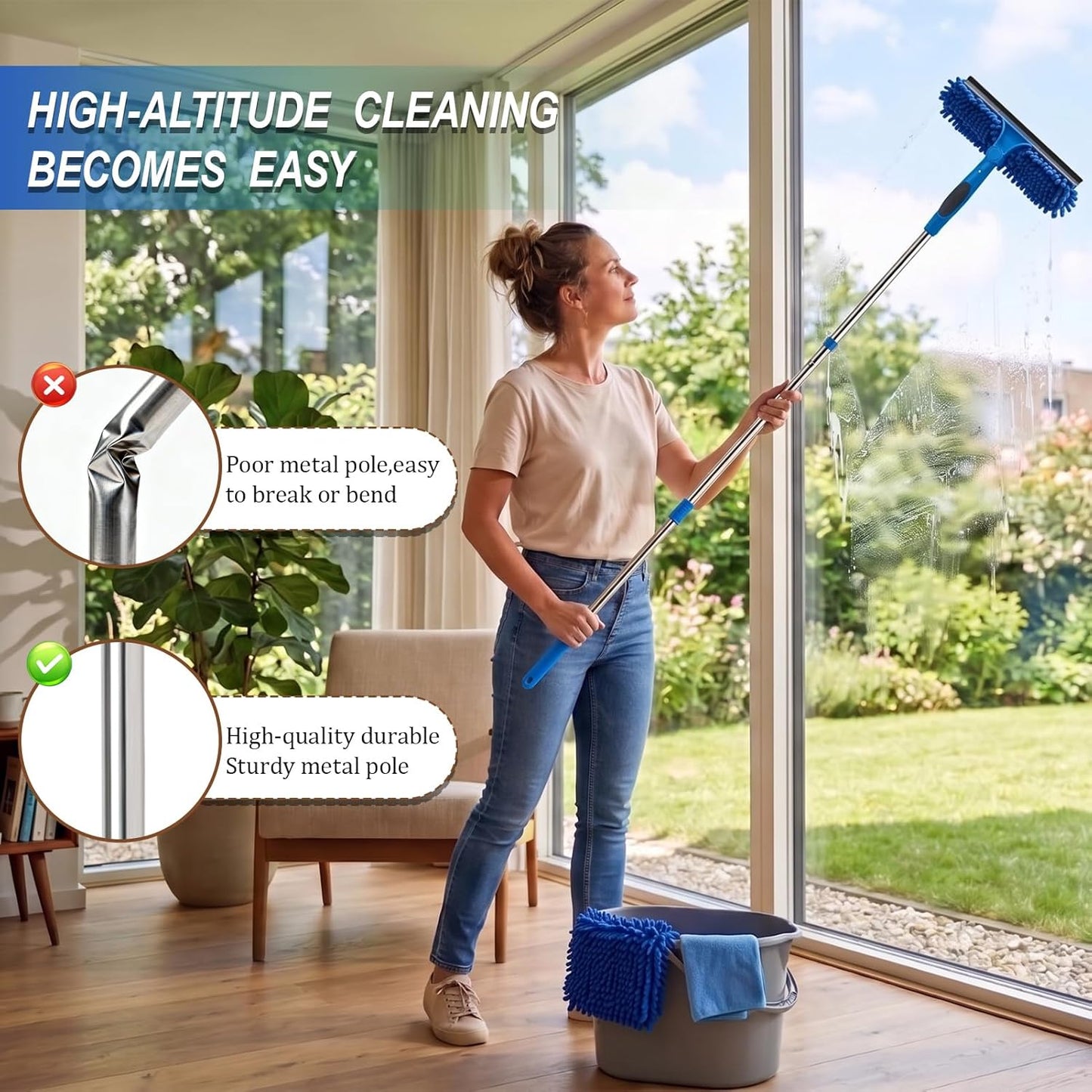 Professional 67" Window Squeegee, 3-in-1 Rotatable Squeegee for Window Cleaning with Extension Poles, Window Cleaner Tool Kit for Indoor & Outdoor High Windows and Car Glass