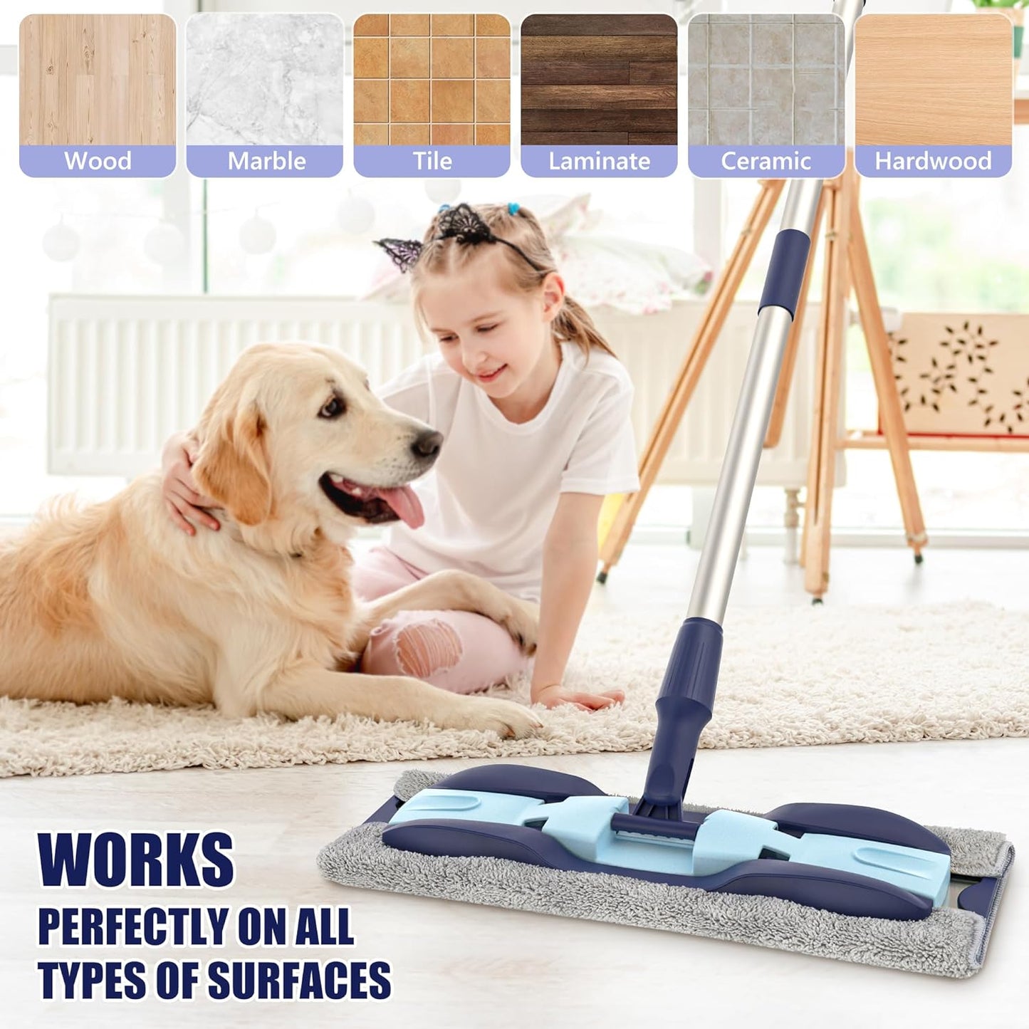 Microfiber Mops for Hardwood Floor Cleaning: MEXERRIS Flat Floor Mop with 4 Washable Pads 59" Adjustable Handle - Dust Dry Mops for Kitchen Bathroom Tile Laminate Wood Vinyl - Home Commercial Mop