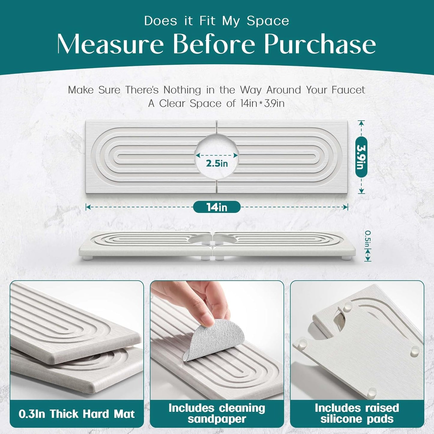 Eormoe Faucet Mat for Kitchen Sink – Diatomite Stone Drying Mat & Sink Protectors, Prevent Moisture – Sink Splash Guard Water-Absorbing Stone Tray for Bathroom Counter (Light Grey, 23.6" x 3.9")
