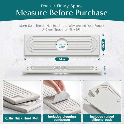 Eormoe Faucet Mat for Kitchen Sink – Diatomite Stone Drying Mat & Sink Protectors, Prevent Moisture – Sink Splash Guard Water-Absorbing Stone Tray for Bathroom Counter (Light Grey, 23.6" x 3.9")