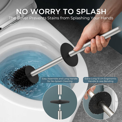 FORIOUS Toilet Brush and Holder Set, Heavy Duty 304 Stainless Steel Base Square and Long Handle for Bathroom Deep Cleaning, Drip-Proof, Space Saving for Storage, 2 Toilet Bowl Brush Head, Black