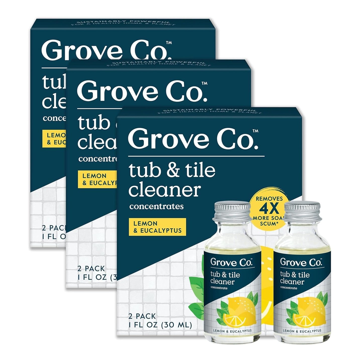 Grove Co. Tub and Tile Cleaner, Refill Concentrate (6 x 1 Fl Oz) Plant-Based Household Cleaning Supplies, No Plastic Waste, 100% Natural Lemon & Eucalyptus Fragrance, 3 x 2 Pack Refills