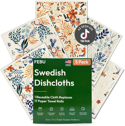 FEBU Swedish Dishcloths for Kitchen | 5 Pack Watercolor Reusable Paper Towels Washable | Swedish Dish Towels | Non-Scratch Cellulose Sponge Cloths | No Odor, Biodegradable Cleaning Cloths