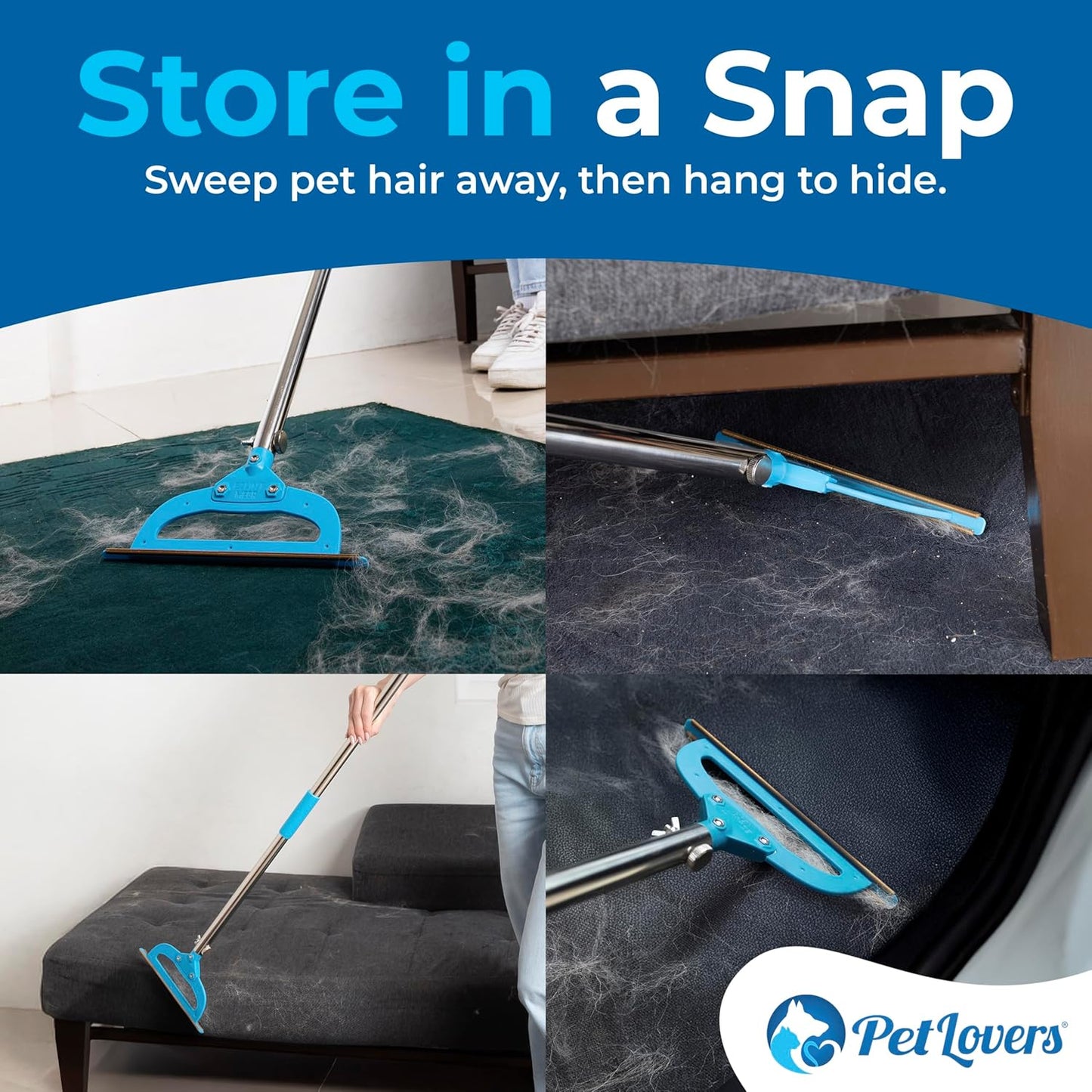 PetLovers EzLint Mega 52" Carpet Rake & Pet Hair Removal Tool – Dog & Cat Hair Remover Broom with Adjustable Handle & Extra Wide Head for Carpets, Rugs & Stairs Ocean Blue