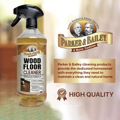 Parker & Bailey Wood Floor Cleaner – Use on Hardwood, Laminated or Faux Finished Floors. Shine Restorer Protector, Surface Cleaner Supplies Home Improvement, Natural Look, Cuts Grease 22 Oz