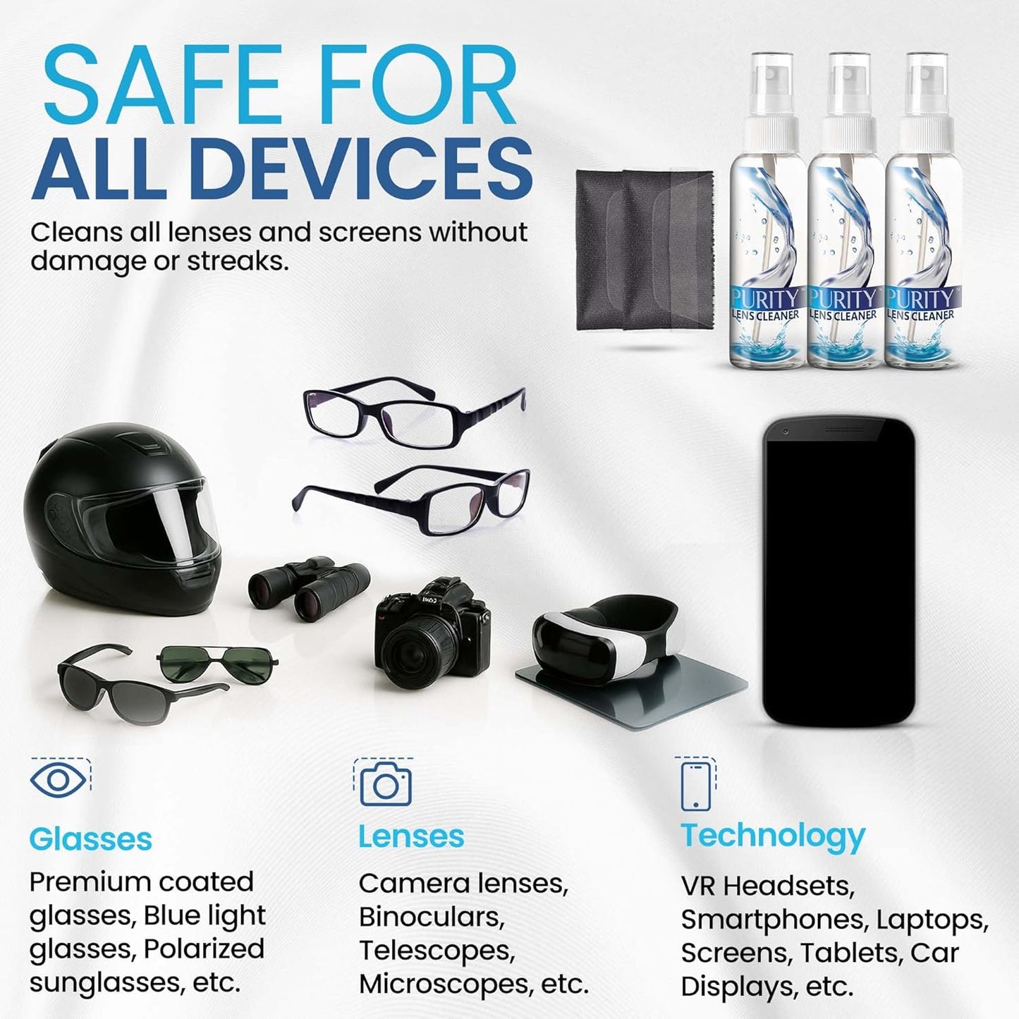 Purity Eyeglass Lens Cleaner Kit - 2 x 8oz and 1 x 2oz Lens Cleaner Spray Bottle + 2 Microfiber Cleaning Cloths - Safe for All Lenses (AR Coated Included), Eyeglasses and Screens - Clear