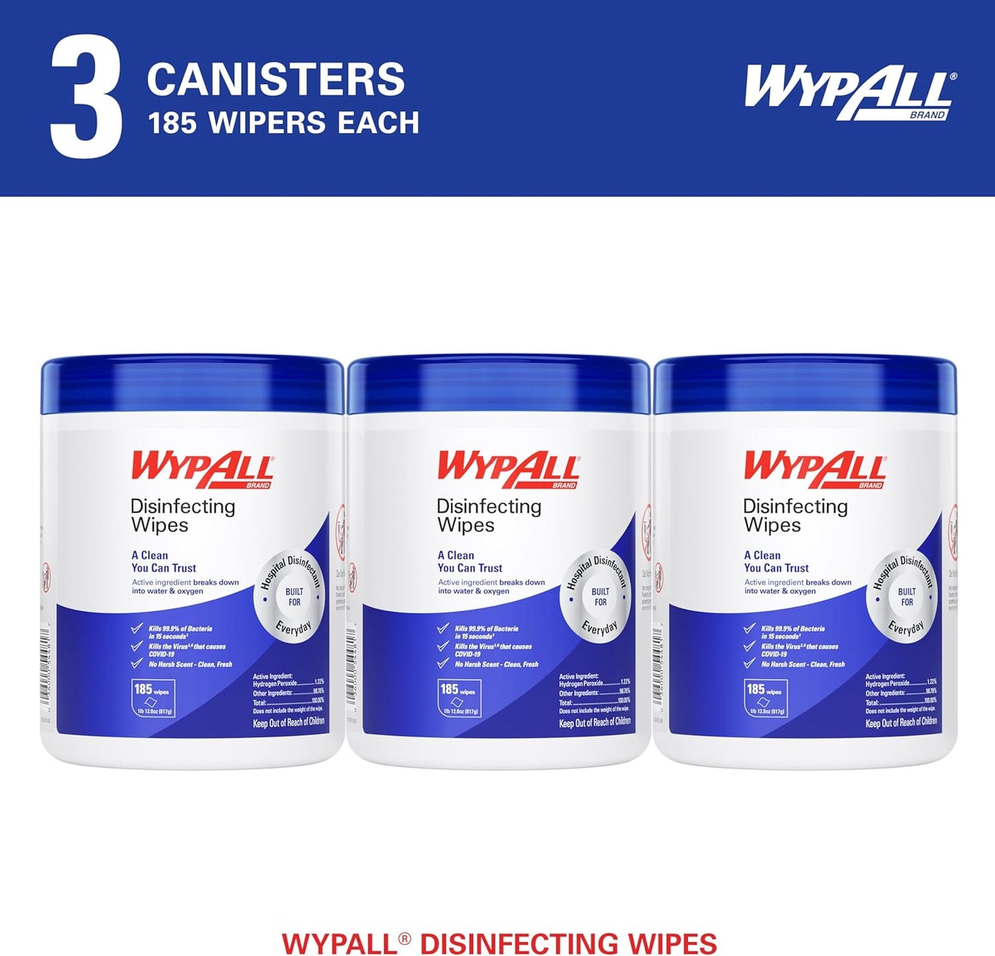WypAll® Brand Disinfecting Wipes (54481), Hydrogen Peroxide Disinfectant Cleaner for Commercial, Industrial & Healthcare, 5.75"x7" Wipes, Fresh Scent (3 Canisters of 185 Sheets)