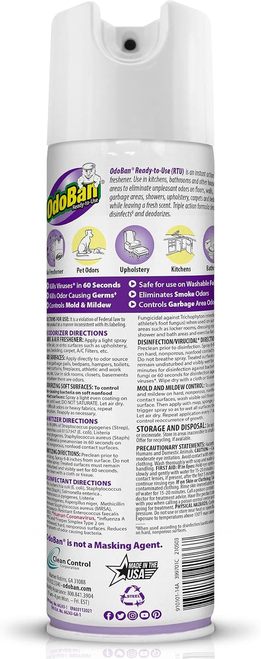 OdoBan Ready-to-Use 360-Degree Continuous Spray Disinfectant & Harsh Aroma Eliminator, Fabric and Air Freshener, Made in the USA, Lavender Scent, 14.6 Ounces