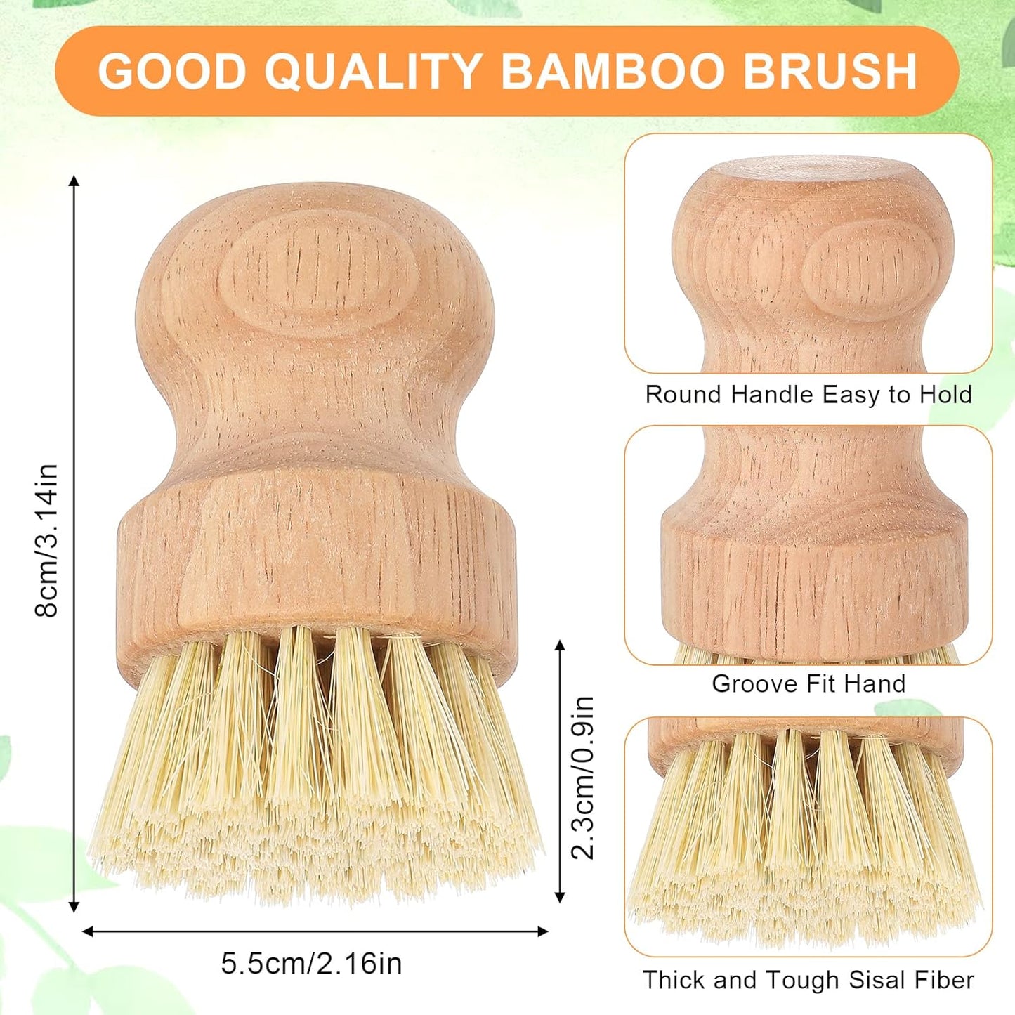 cobee 12Pcs Bamboo Dish Scrub Brushes, Kitchen Dishwashing Scrubber with Natural Sisal Bristles Round Wooden Dish Scrubber Brush for Iron Pot Pan Food Kitchen Sink Fruit Vegetable Wash