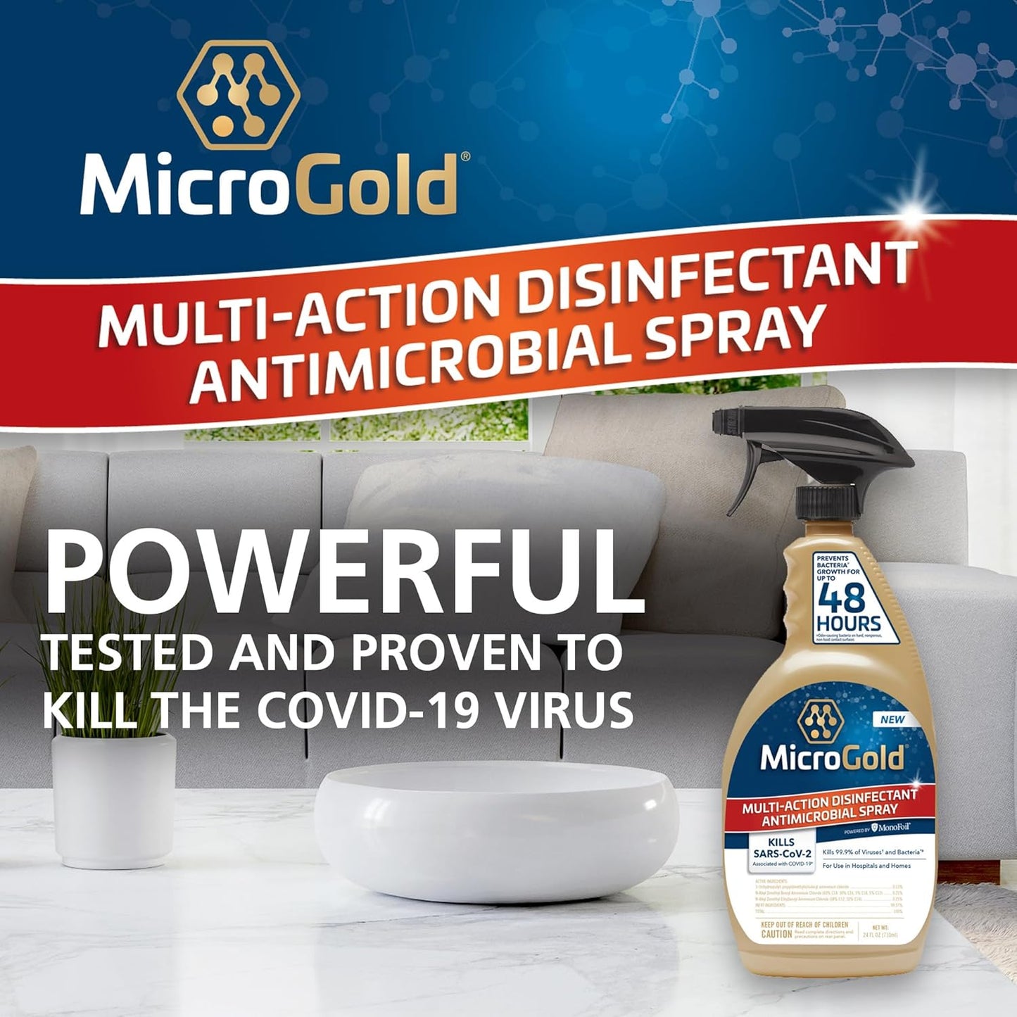 MicroGold Multi-Action Disinfectant Antimicrobial Spray Tested and Proven Effective to Kill the COVID-19 Virus, Kills 99.9% of Viruses and Bacteria, 24 Fluid Ounces, 1 Pack, Packaging May Vary
