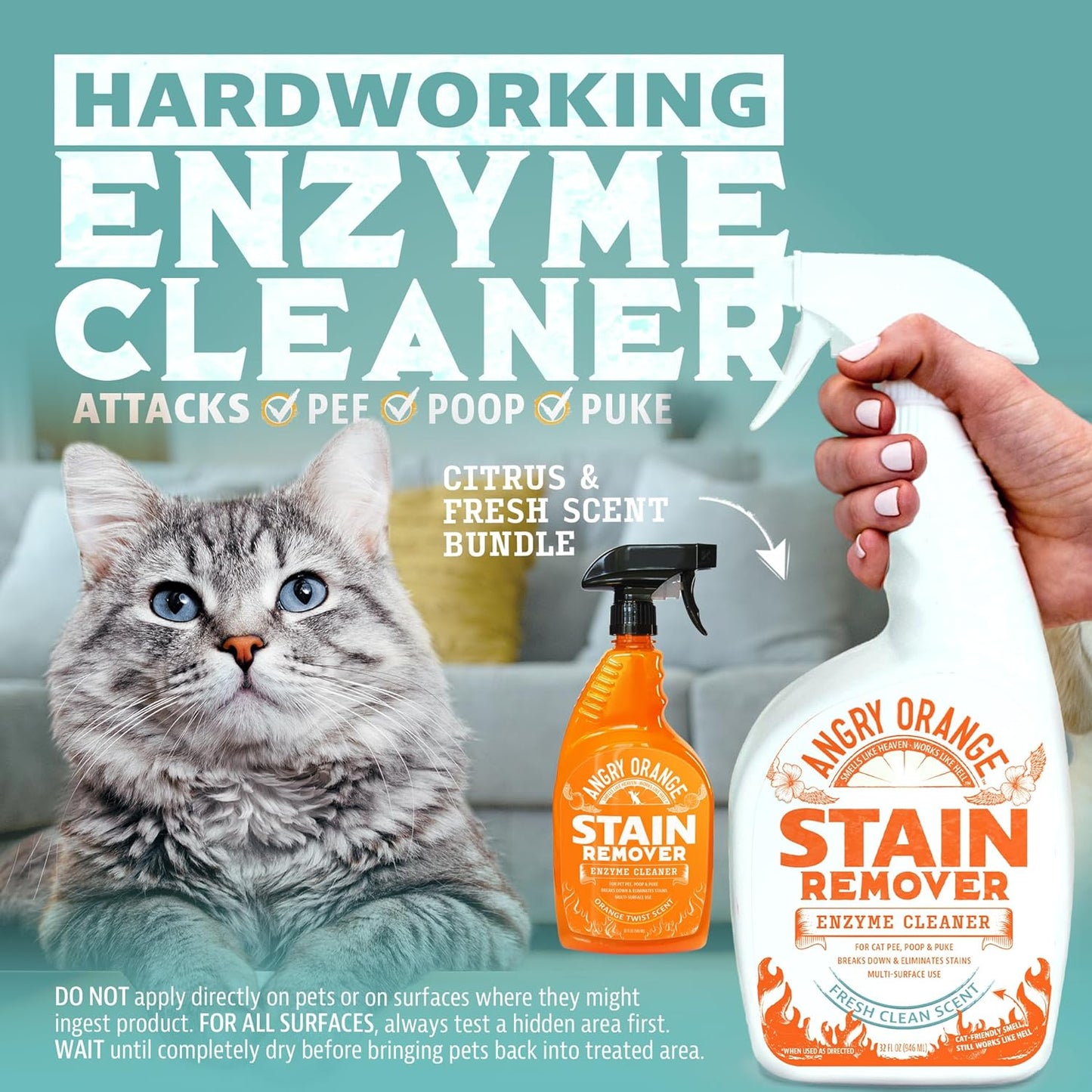 ANGRY ORANGE Cat Urine Odor Eliminator & Stain Remover, Pet Stain Enzyme Cleaner Spray for Dog & Cat Pee - Fresh Scent - 32 oz