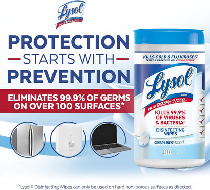 Lysol Disinfectant Wipes, Multi-Surface Disinfectant Cleaning Wipes, For Disinfecting and Cleaning, Crisp Linen, 80 Count (Pack of 4)