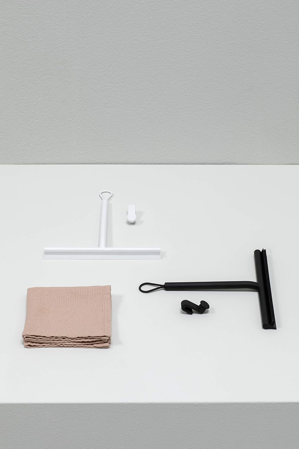Brabantia Silicone Shower Squeegee with Hook (Dark Gray) Anti Streak Cleaning Wiper for Bathroom Glass, Plastic, Tile - Doublesided Brush & Rim Design