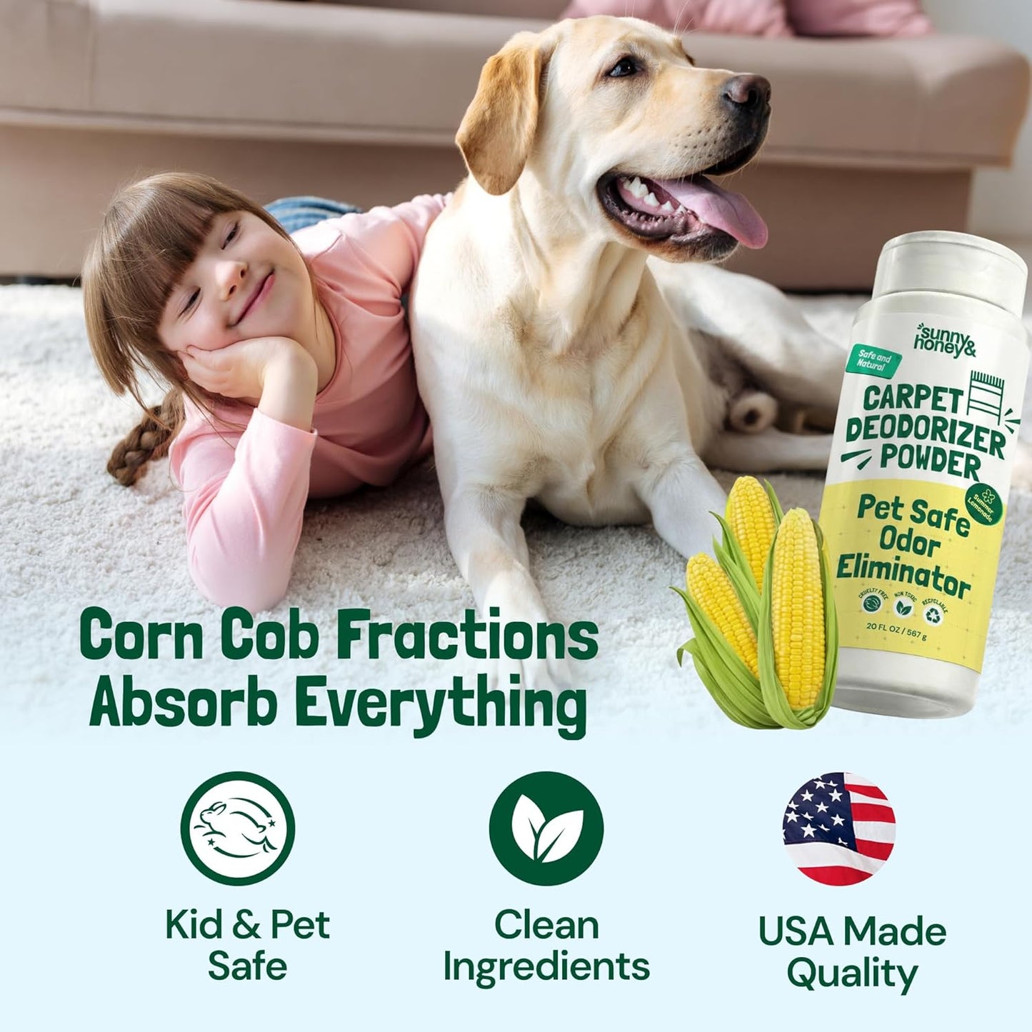 Sunny & Honey Carpet Deodorizer and Freshener Powder - Pet Safe Rug Refresher for Vacuuming - Berry Odor Eliminator for Strong Odor and Pet Urine (20 oz)
