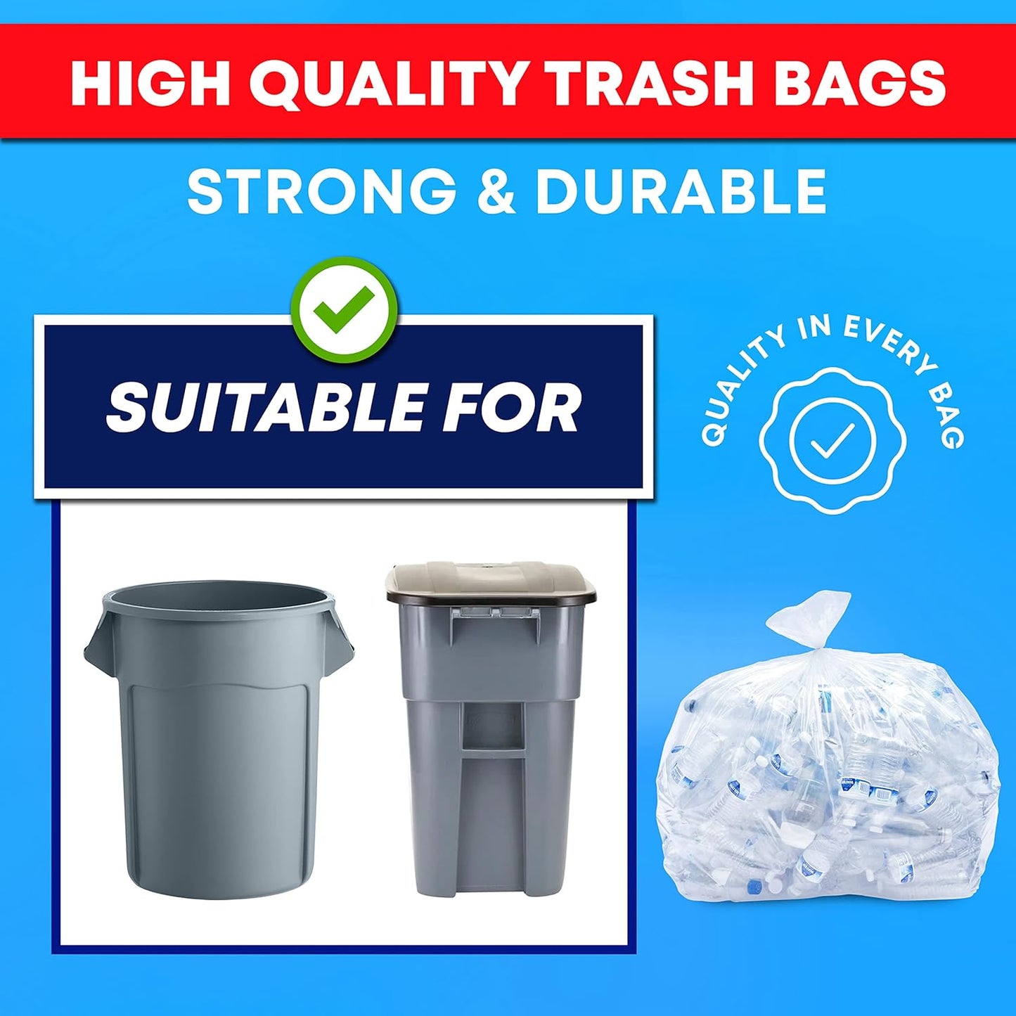 55 Gallon Clear Trash Bags, (50 Bags w/Ties) Large Clear Plastic Recycling Garbage Bags