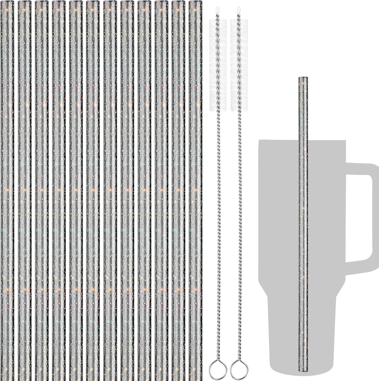 NiHome 12-Pack Glitter Replacement Straws for Stanley Tumbler 40OZ & 2 Cleaning Brushes Set, 12" Length BPA-Free Durable PETG Material for Various Beverages & Cups, Adds Sparkle to Your Drinks (Clear)