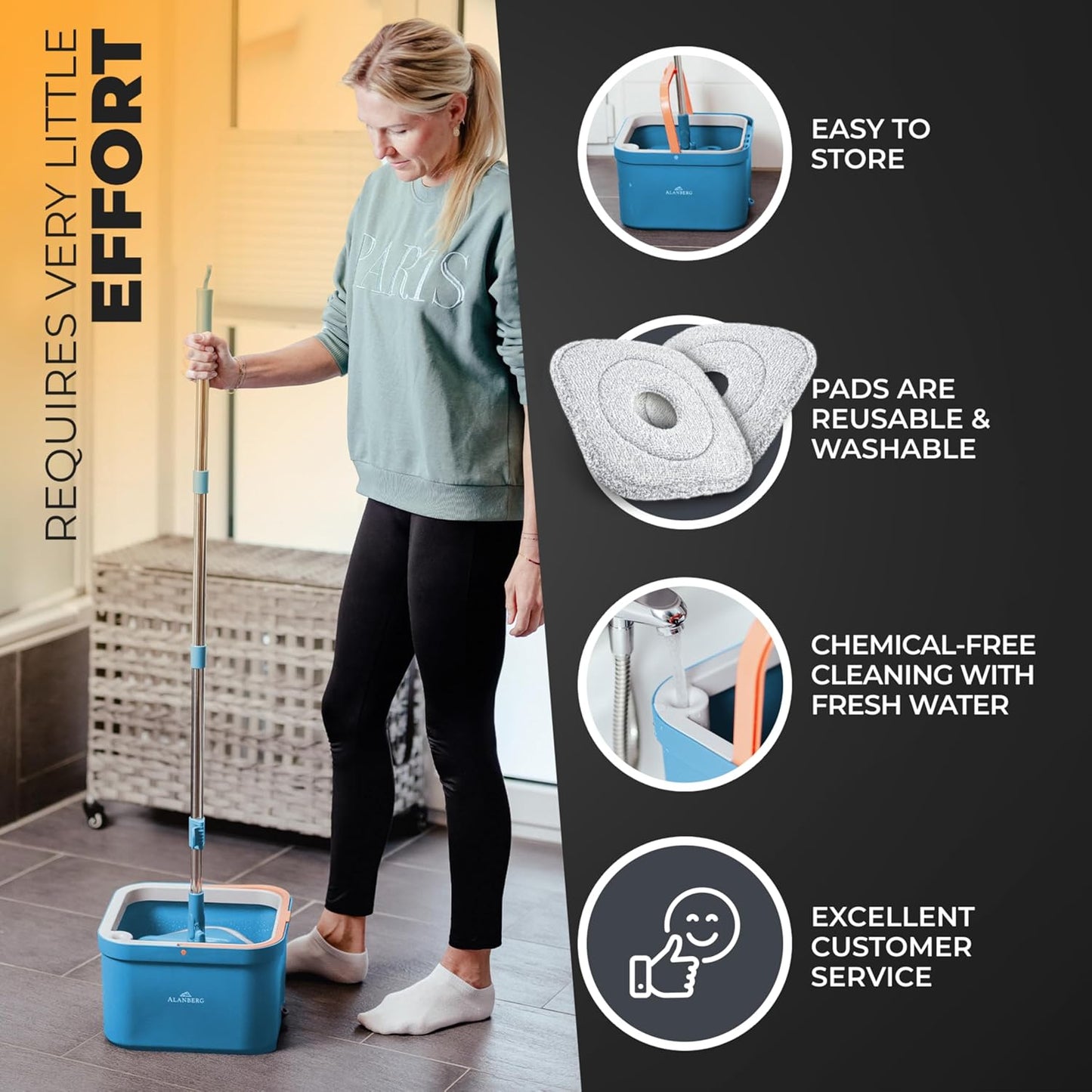 Spin Mop and Bucket Set with Wringer – Dual-Chamber Self Wringing Mop, Flat Microfiber Mop for Hardwood, Tile & Vinyl Floors, 2 Washable Replacement Heads, 63" Handle, Pink