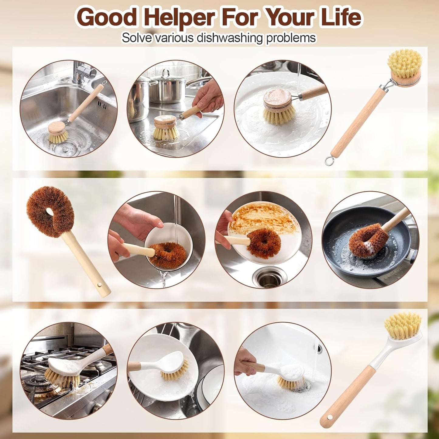 Sliner 14 Pcs Bamboo Dish Brush Set Include Natural Kitchen Sponge Wooden Dish Brush with Sisal Bamboo Scrubber for Kitchen Cleaning Pans Pots Bottles Vegetables