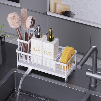 Cisily Kitchen Soap Dispenser Set with Sink Caddy, 12 Oz Glass Bottle, Hand and Dish Soap Dispenser Set with Sponge Holder, Black Stainless Steel Kitchen Countertop Sink Organizer Accessories