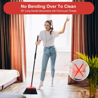 Tiumso 3-Pack Heavy Duty Broom, Commercial Broom with 55" Long Handle Outdoor Indoor, Industrial Brooms for Sweeping Garage Concrete Courtyard Patio Home Kitchen Office - All Black