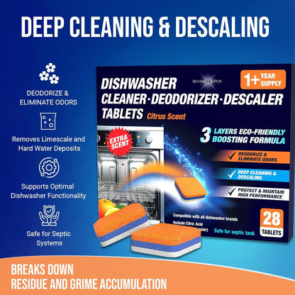 Dishwasher Cleaner Deodorizer Descaler Tablets - 28 Tabs - 1 Plus Year Supply - Extra Scented Deep Cleaning Sanitizer Pods - Remove Hard Water - Contain Citric Acid Heavy Duty Septic Safe - Citrus
