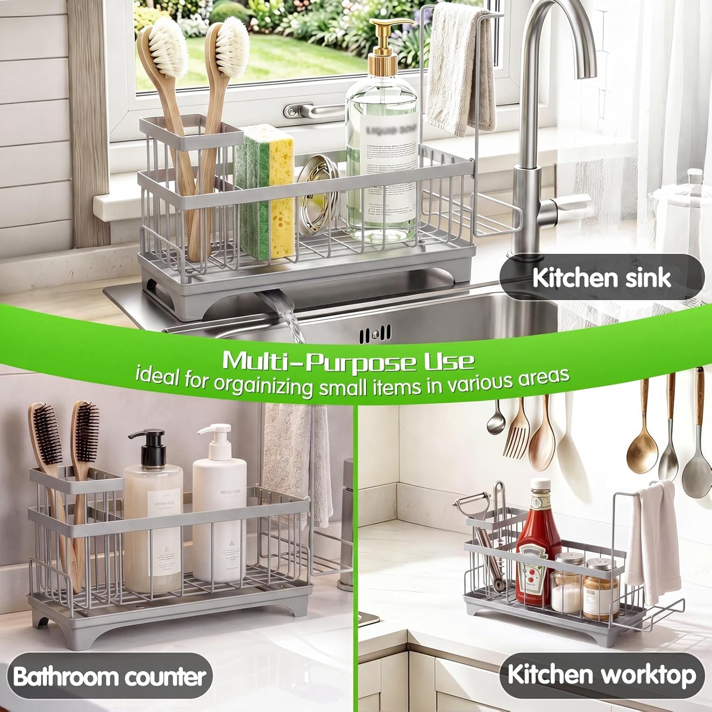 VOOWO Sponge Holder for Kitchen Sink, Compact Sink Caddy with Detachable Brush Holder and Towel Rack, Stainless Steel Kitchen Sink Organizer for Dish Sponge, Soap Dispenser Storage Accessories (White)