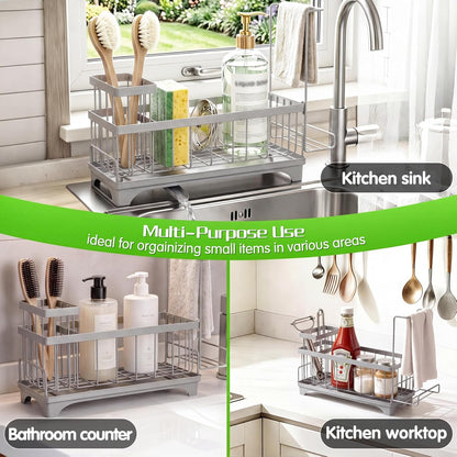 VOOWO Sponge Holder for Kitchen Sink, Compact Sink Caddy with Detachable Brush Holder and Towel Rack, Stainless Steel Kitchen Sink Organizer for Dish Sponge, Soap Dispenser Storage Accessories (White)
