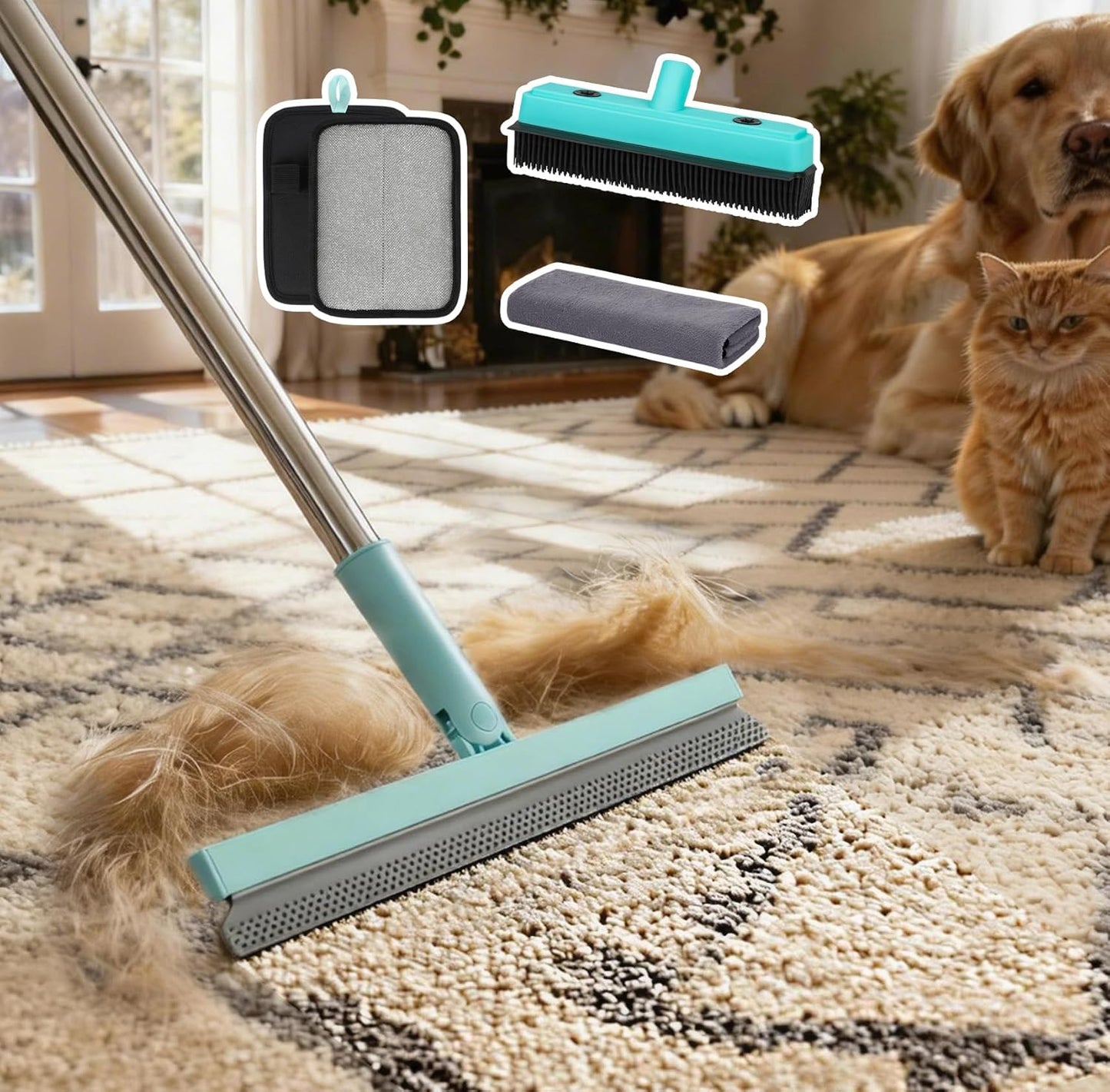 Rubber Broom Carpet Rake with Air Broom,Reusable Strong Grooming Gloves,Stainless Steel Handle, for Carpet Pet Hair Remover Hardwood Floor, Cleans Glass, Fine Dust, Hair, Liquid