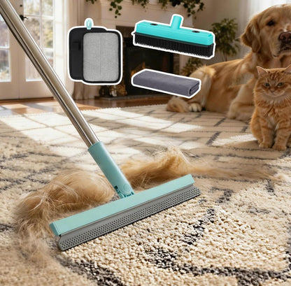 Rubber Broom Carpet Rake with Air Broom,Reusable Strong Grooming Gloves,Stainless Steel Handle, for Carpet Pet Hair Remover Hardwood Floor, Cleans Glass, Fine Dust, Hair, Liquid