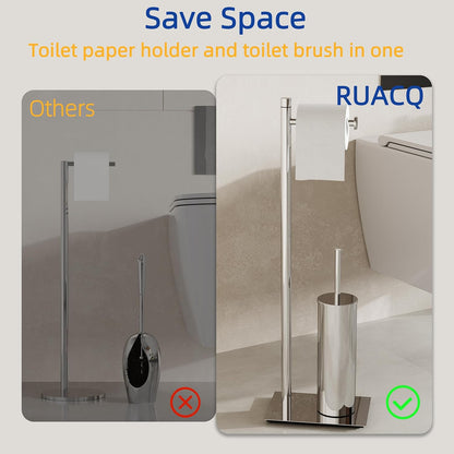 RUACQ Toilet Paper Holder Stand with Toilet Brush and Holder Set, 304 Stainless Steel Bathroom Toilet Tissue Paper Roll Holder Free Standing, Weighted Base, Heavy Duty (Matte Black)