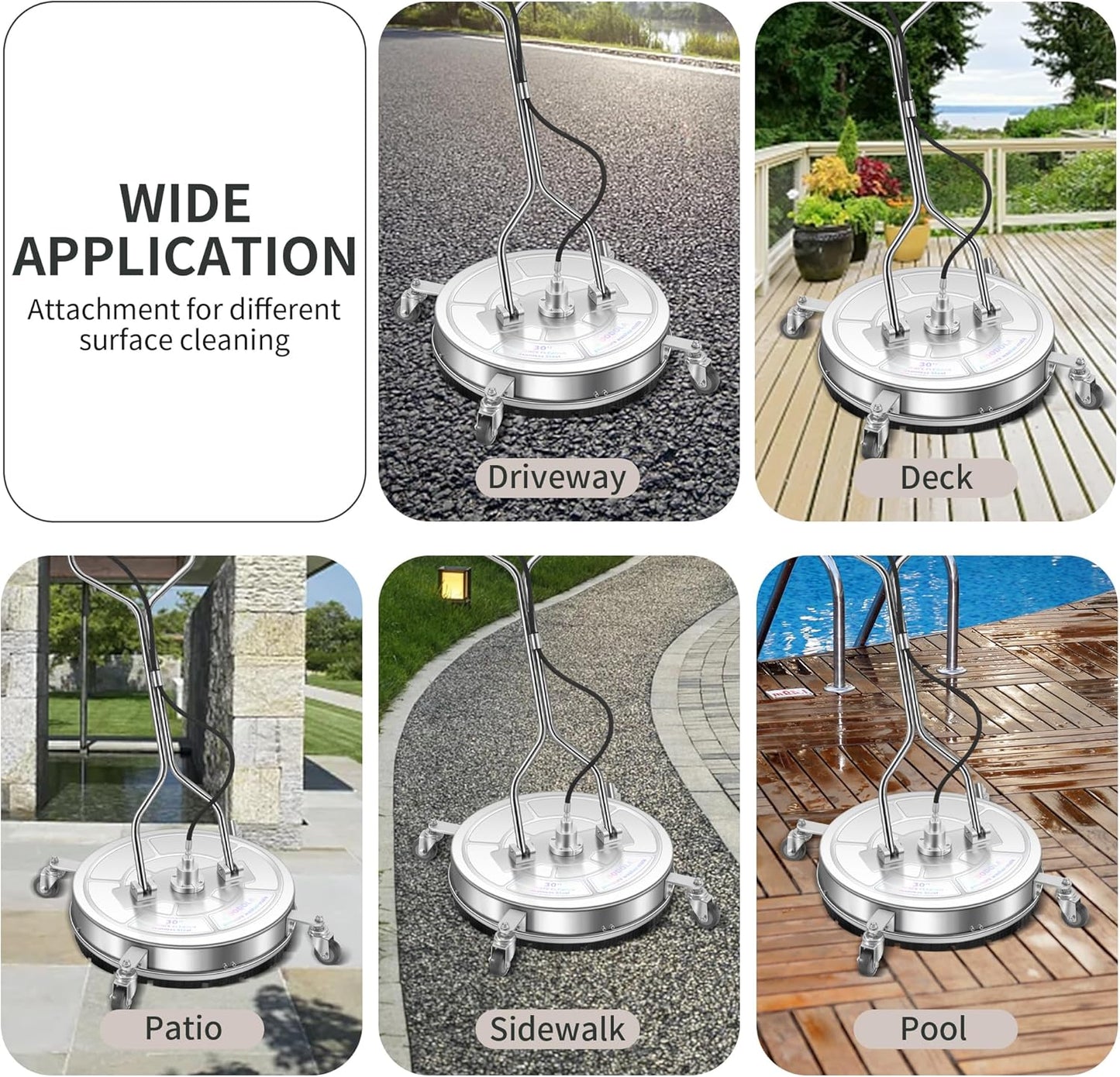 14" Pressure Washer Surface Cleaner with 4 Wheels - Stainless Steel Surface Cleaner for Pressure Washer Attachment for Concrete, Patio, Sidewalk, Deck and Driveways - PWS14