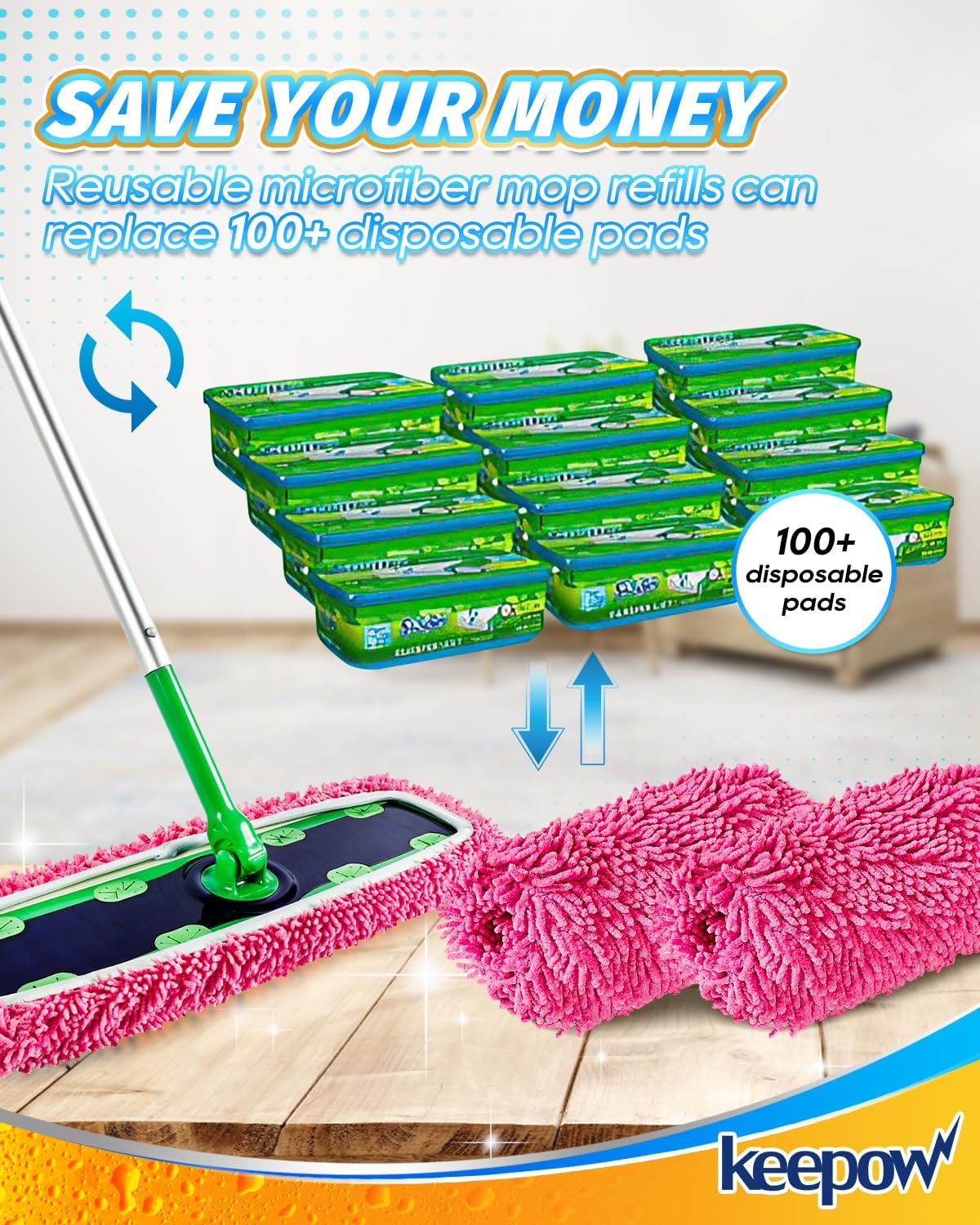 KEEPOW Reusable XL Mop Pads Compatible with Swiffer XL Sweeper, X-Large Dry Sweeping Cloths, Wet Mopping Cloths, Washable Microfiber XL Wet Pads Refills for Surface/Hardwood Floor Cleaning, 4 Pack
