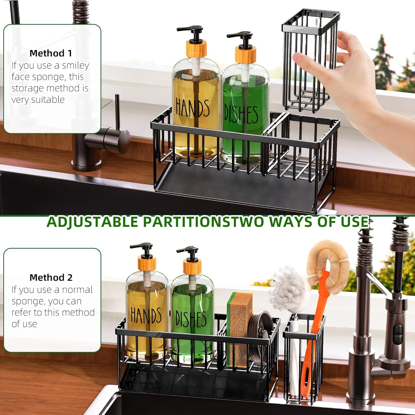 Cisily Kitchen Dish Soap Dispenser Set with 2 Pack 16.9oz Black Glass Bottle and Sponge Holder, Dish Soap Dispensers with Adjustable Sponge Holder, Vintage Hand and Dish Soap Dispensers Set