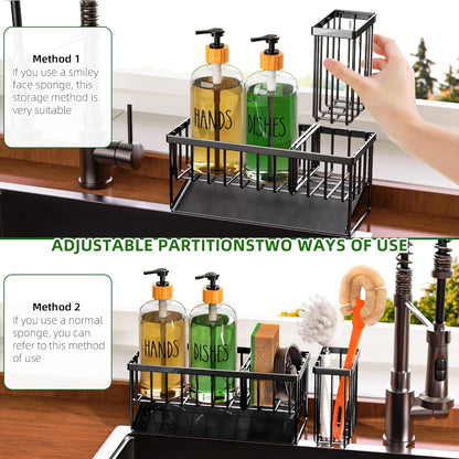 Cisily Kitchen Dish Soap Dispenser Set with 2 Pack 16.9oz Black Glass Bottle and Sponge Holder, Dish Soap Dispensers with Adjustable Sponge Holder, Vintage Hand and Dish Soap Dispensers Set