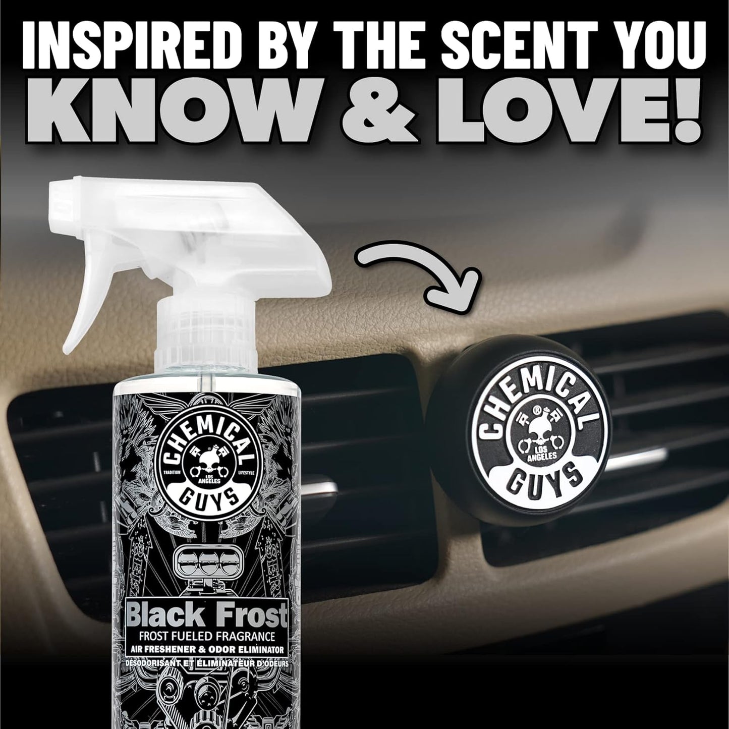 Chemical Guys Black Frost Air Premium Car Air Freshener Spray & Odor Eliminator - Crisp Masculine Scent Spray for Trucks, SUVs, RVs, and Motorcycles - Use in Home, Office, or Garage, 16 oz Bottle