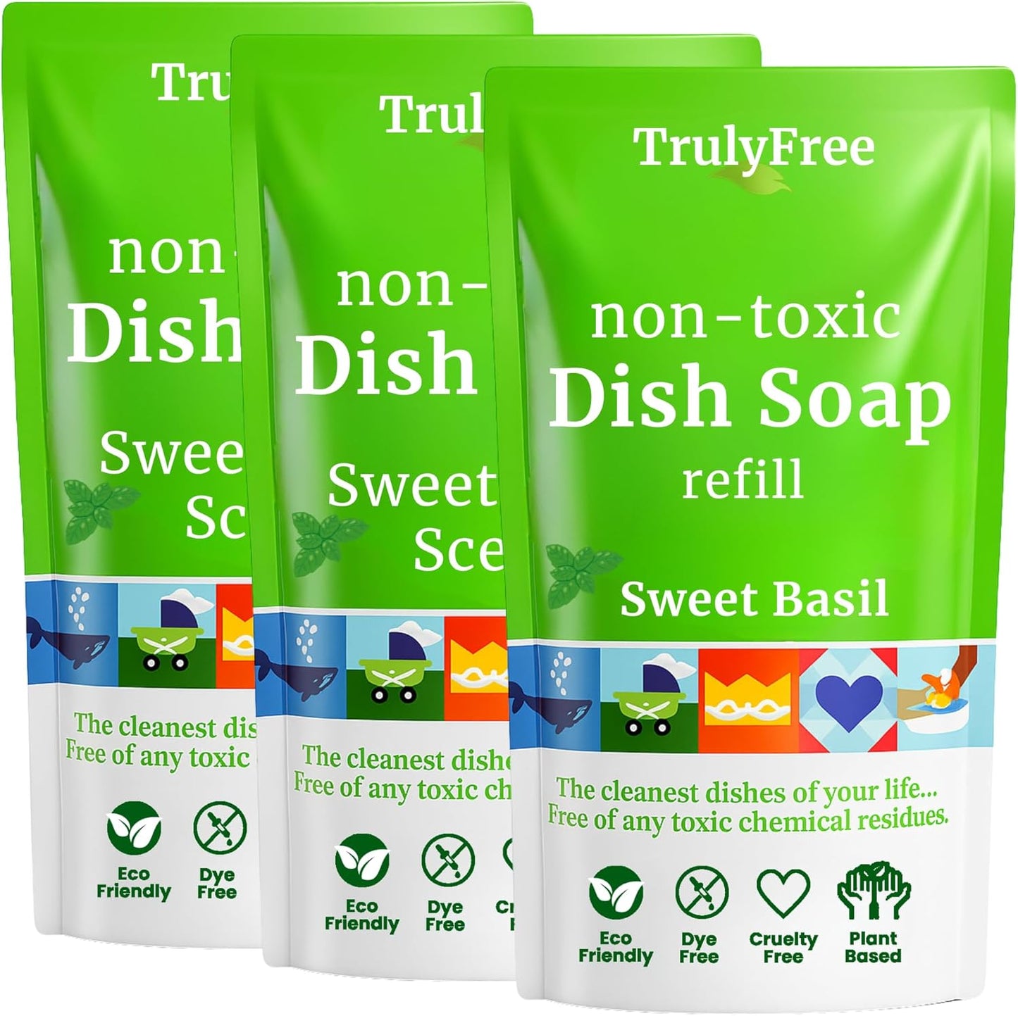 Truly Free Non Toxic Dish Soap Kit | Natural Concentrated Dishwashing Liquid - Sweet Basil Scent | Organic Plant-Based | Family Safe - Eco-Friendly Formula | 16 fl oz