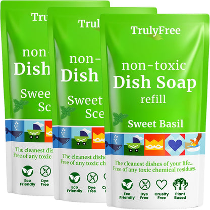 Truly Free Non Toxic Dish Soap Kit | Natural Concentrated Dishwashing Liquid - Sweet Basil Scent | Organic Plant-Based | Family Safe - Eco-Friendly Formula | 16 fl oz
