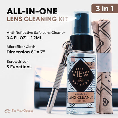 Anti-Reflective Lens Cleaner & Repair Kit – 0.4oz Glasses Cleaner Spray, Microfiber Cloth & Keychain Screwdriver in a Vinyl Snap Case for Eyeglasses, Sunglasses & Screens(3 Piece Set)