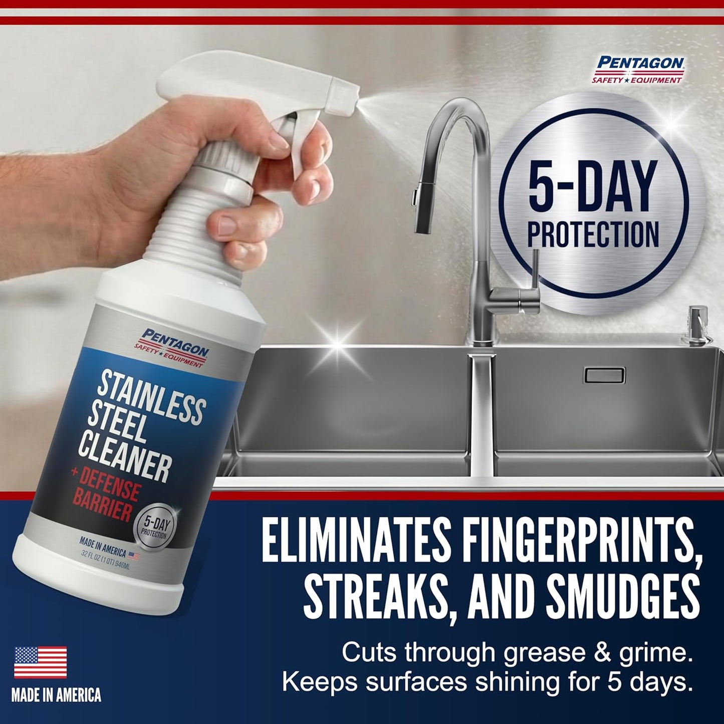 PENTAGON SAFETY EQUIPMENT Stainless Steel Cleaner Spray, 5 Day Nano Barrier Protection, Safe around pets, Unscented, Made in USA