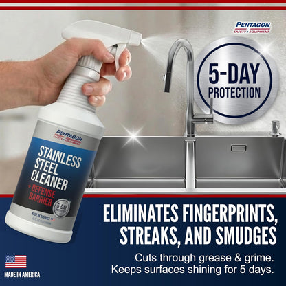 PENTAGON SAFETY EQUIPMENT Stainless Steel Cleaner Spray, 5 Day Nano Barrier Protection, Safe around pets, Unscented, Made in USA