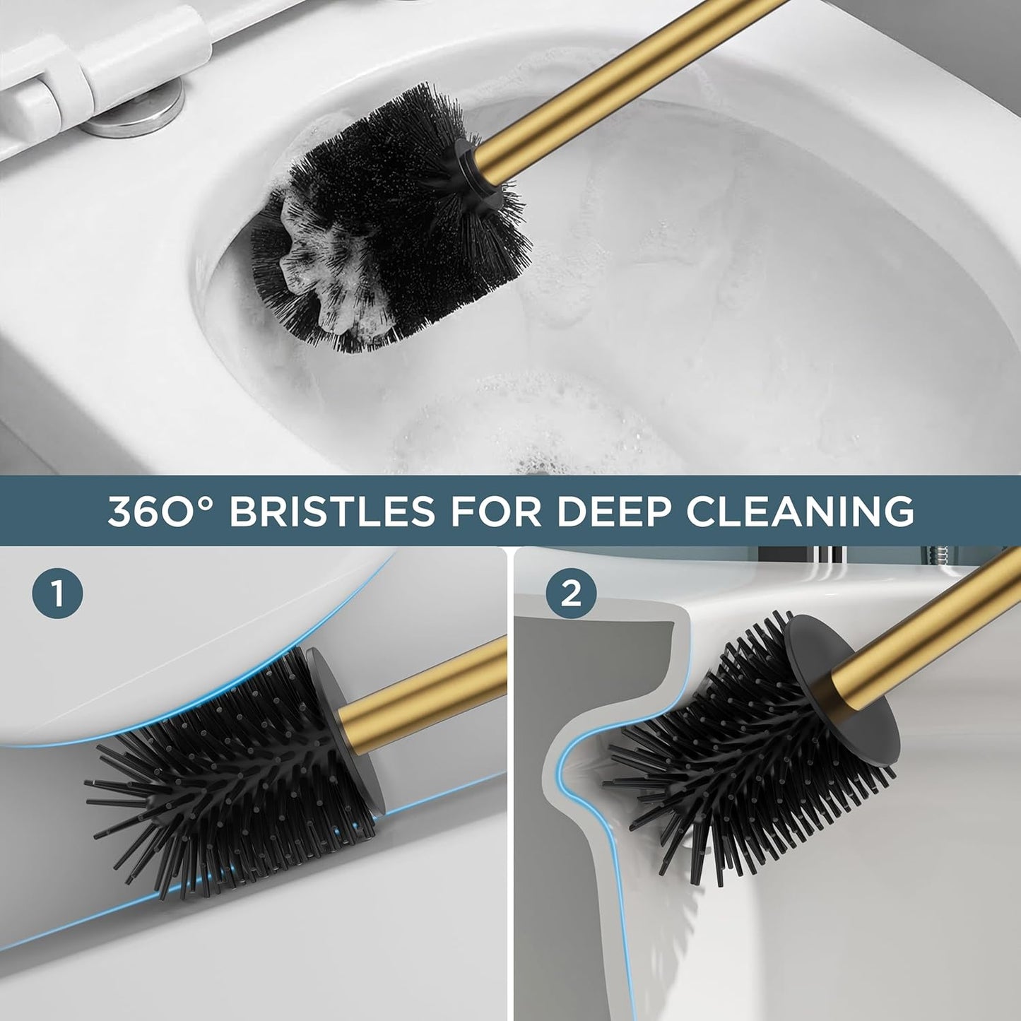 FORIOUS Toilet Brush and Holder Set, Heavy Duty 304 Stainless Steel Base Square and Long Handle for Bathroom Deep Cleaning, Drip-Proof, Space Saving for Storage, 2 Toilet Bowl Brush Head, Black