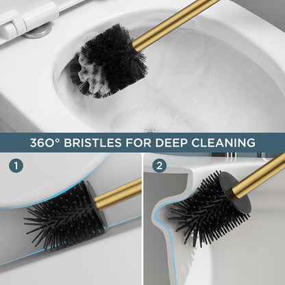 FORIOUS Toilet Brush and Holder Set, Heavy Duty 304 Stainless Steel Base Square and Long Handle for Bathroom Deep Cleaning, Drip-Proof, Space Saving for Storage, 2 Toilet Bowl Brush Head, Black