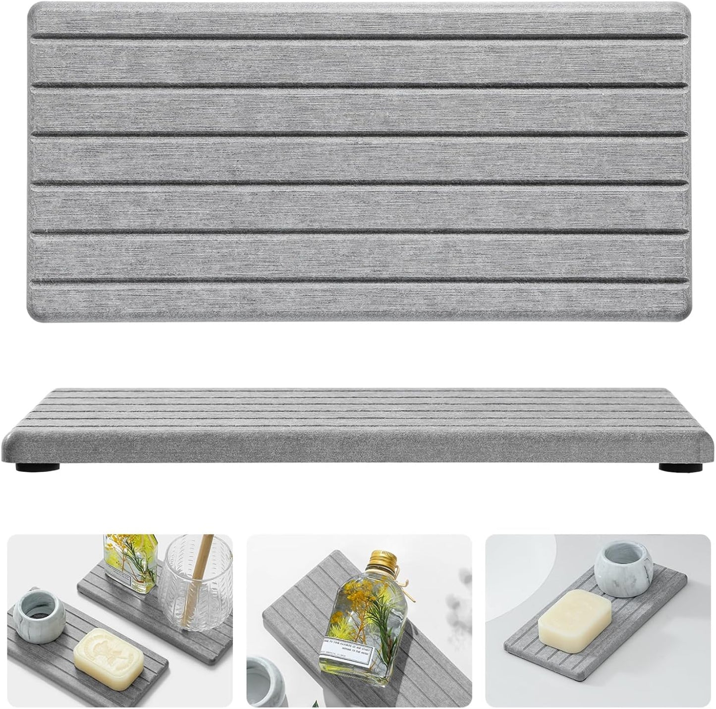 2PCS Water Absorbing Stone Drying Tray Mat for Bathroom Sink & Kitchen Counter Faucet Organizer, Quick Dry Dish Rack Soap Dispenser Sponge Holder, Vanity Sink Caddy Bar Coaster, Ivory White 8“x 4”