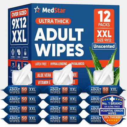 Adult Wipes for Elderly 4 Pack - Extra Large Extra Thick No-Rinse Bathing Wet Wipes for Adults - Incontinence Shower Alternative Disposable Washcloths - Fragrance-Free XXL