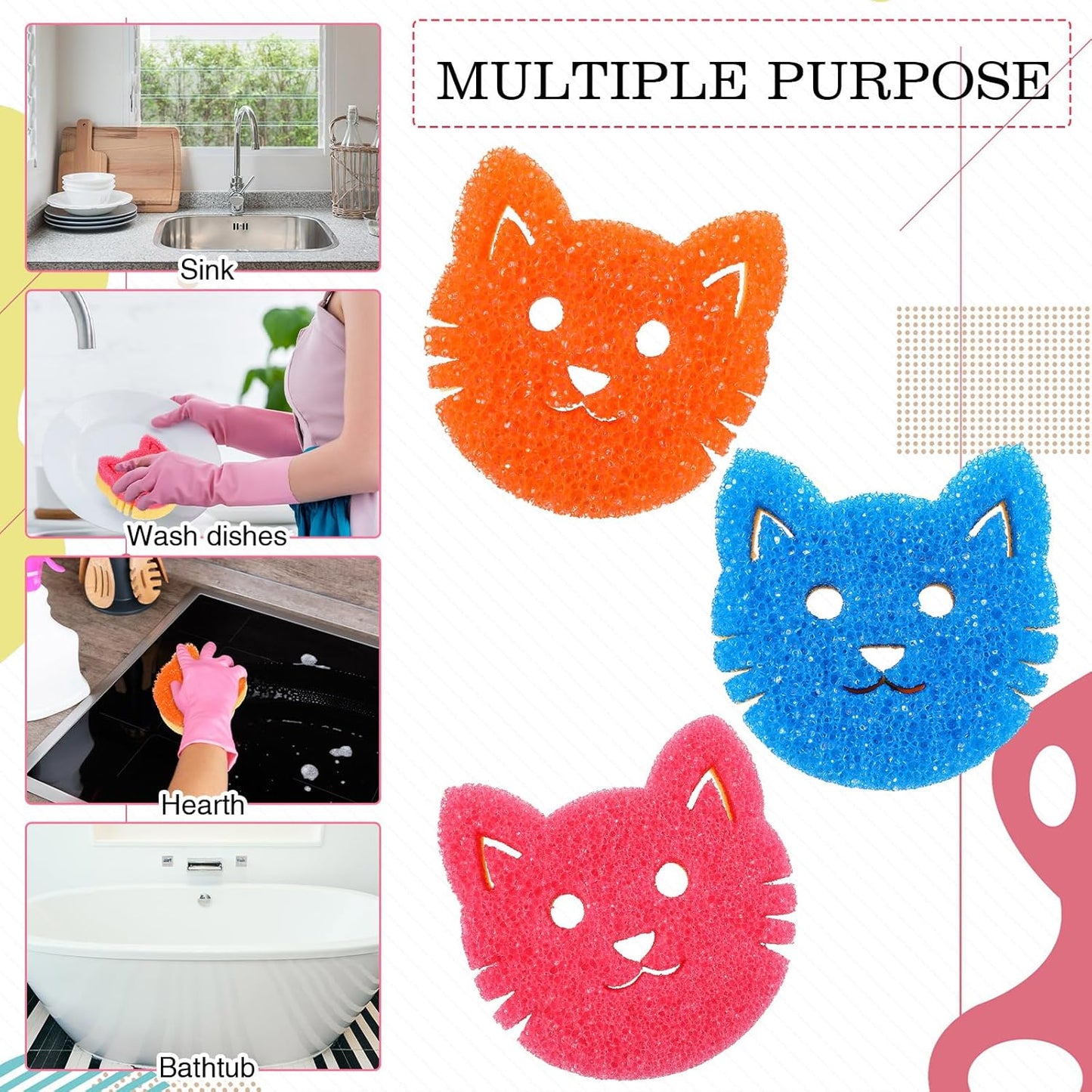 FillTouch 6 Pcs Dog Dual Sided Scrub Sponge Cleaning Sponges Cute Temperature Sensitive Dish Sponges for Washing Dishes Non Scratch Household Multi Use Sponges Scrubber for Kitchen, 3 Colors
