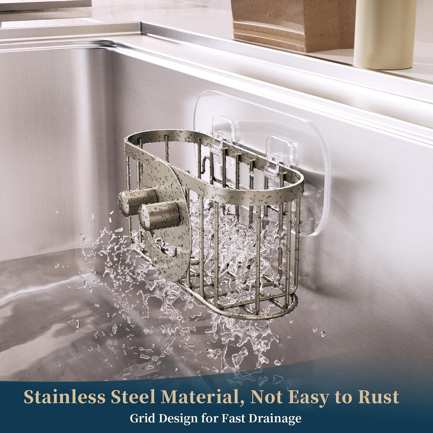 Consumest Sponge Holder Sink Caddy - Ladder Shaped Sponge Holder for Kitchen Sink with 2 Installation Ways (Suction Cups & Adhesive Hook), Rustproof Stainless Steel Kitchen Organizer, Silver