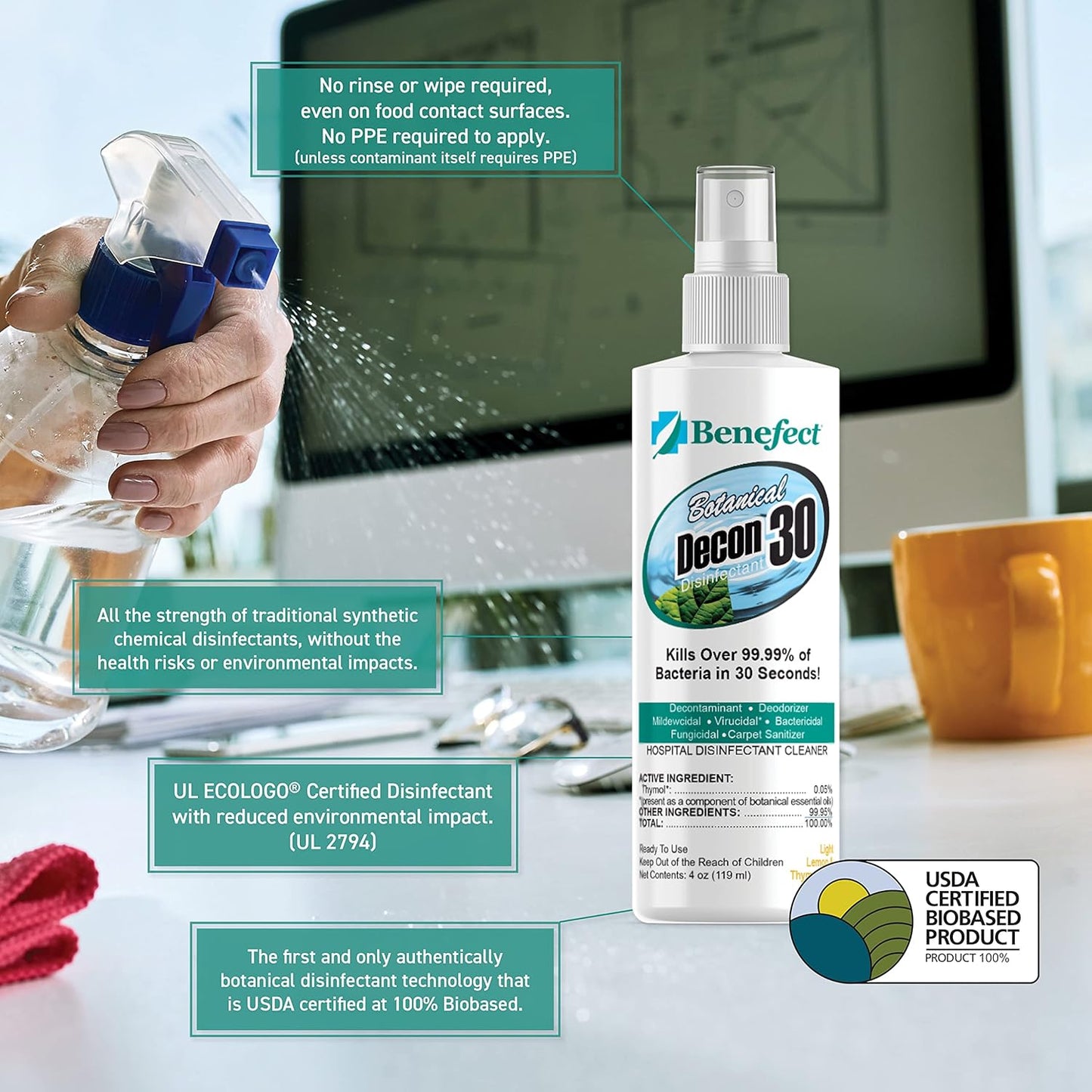Benefect Botanical Decon 30 Disinfectant Cleaner, 4 oz. Spray Bottle, Light Lemon & Thyme Scent, Hospital Grade Disinfectant, Kills Over 99.99% of Germs, Safe for Food-Contact Surfaces (Pack of 4)