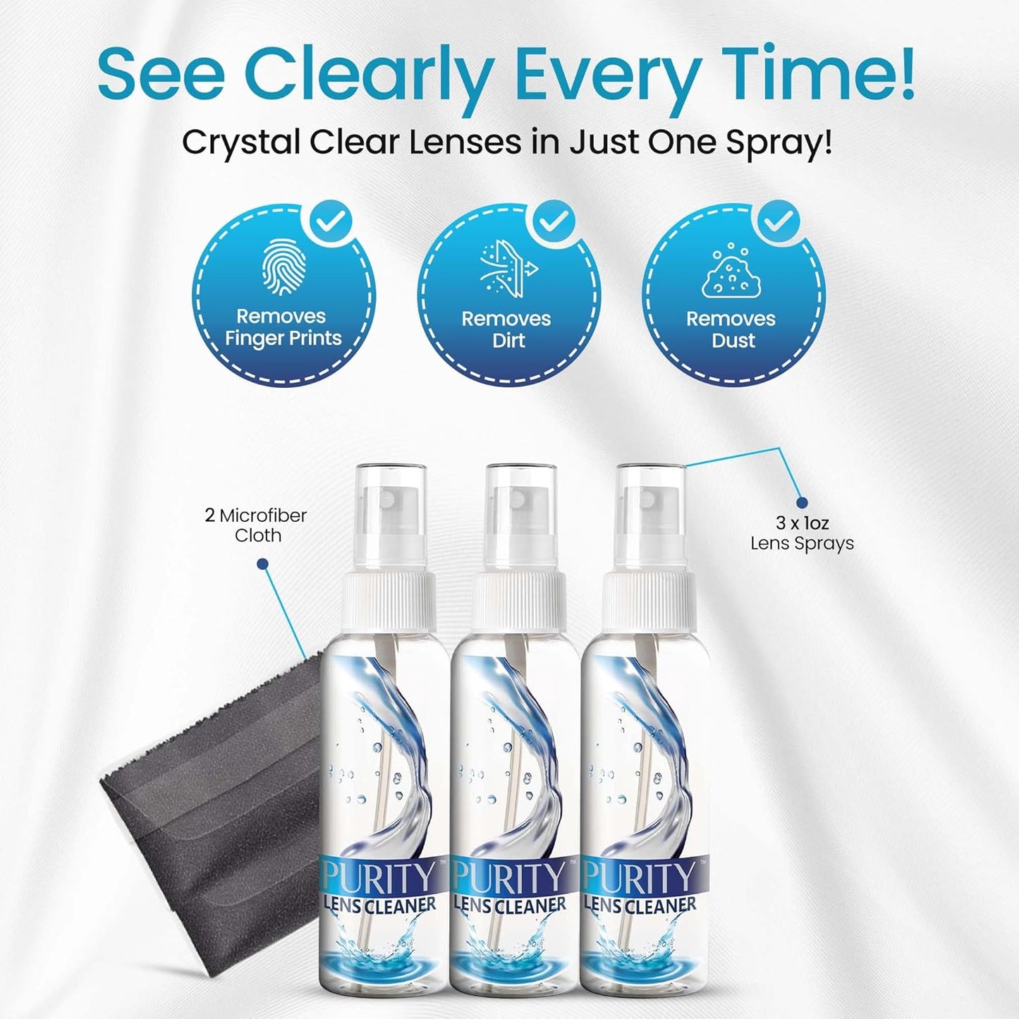 Purity Eyeglass Lens Cleaner Kit - 2 x 8oz and 1 x 2oz Lens Cleaner Spray Bottle + 2 Microfiber Cleaning Cloths - Safe for All Lenses (AR Coated Included), Eyeglasses and Screens - Clear