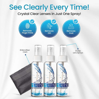 Purity Eyeglass Lens Cleaner Kit - 2 x 8oz and 1 x 2oz Lens Cleaner Spray Bottle + 2 Microfiber Cleaning Cloths - Safe for All Lenses (AR Coated Included), Eyeglasses and Screens - Clear